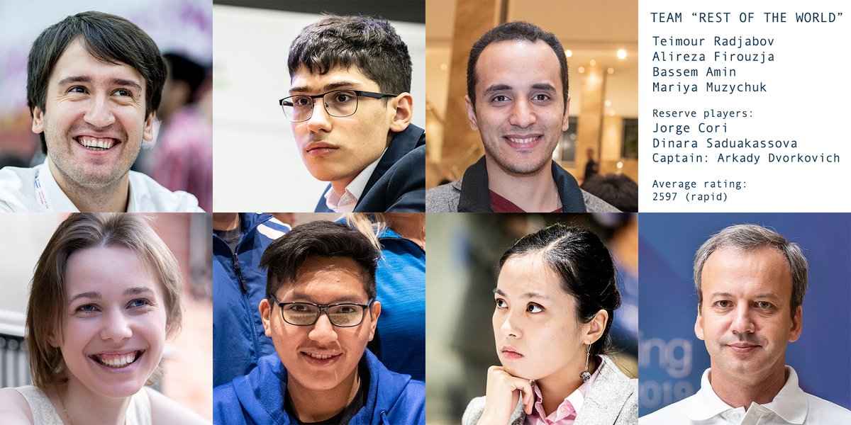 The "REST OF THE WORLD" team for the FIDE Chess.com Online Nations Cup is confirmed:

Captain: <a href="/aDvorkovich/">Arkady Dvorkovich</a>
1- Teimour Radjabov (2758)
2- Alireza Firouzja (2703)
3- Bassem Amin (2608)
4- Mariya Muzychuk (2506)
Reserve players: Jorge Cori and Dinara Saduakassova.