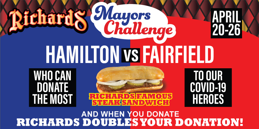 RichardsPizza's tweet photo. 🚨 UPDATE 🚨 WE HAVE A TIGHT RACE!

@fairfieldoh  Location: 111 Steak Sandwiches
@HamiltonOh Location: 108 Steak Sandwiches

🤔 Will either @mayormoeller or Mayor Steve Miller prevail and WIN THE RACE! https://t.co/Fhhx57dHFd