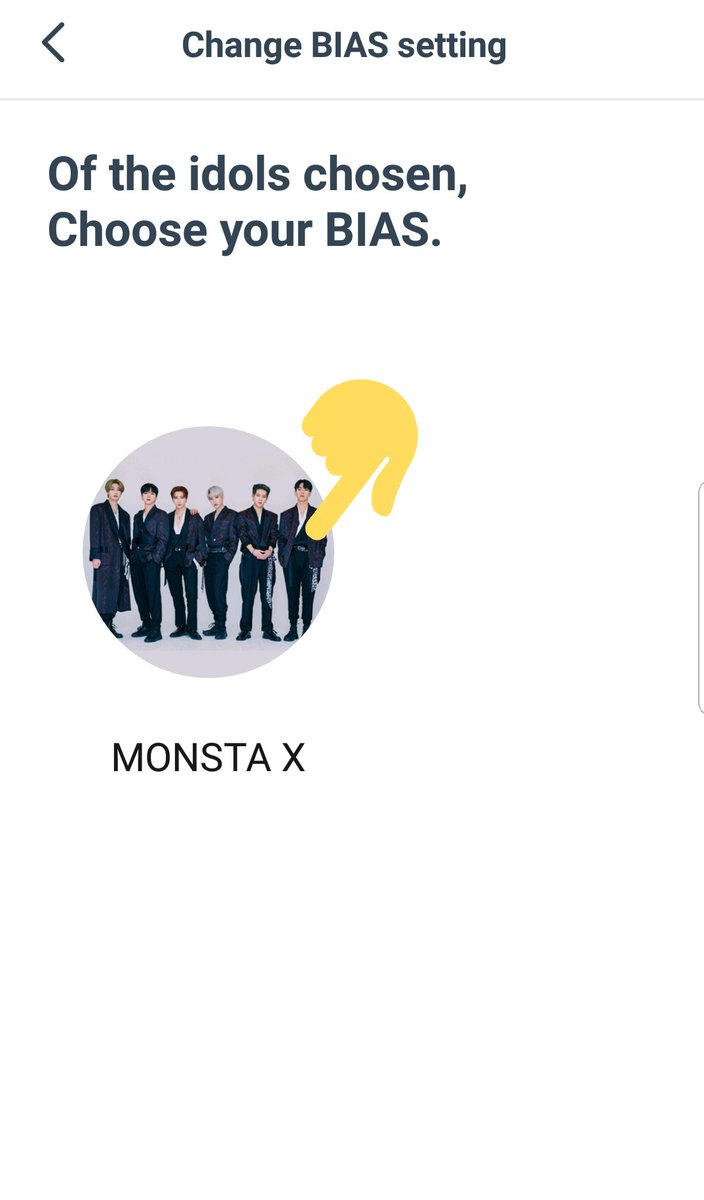 4. Pick an Idol: Check the "Change IDOL setting" and under "Select My Idol" pick MONSTA X5.Pick a Bias: Check the "Change BIAS setting" and under "Of the idols chosen, Check out your BIAS." Click on their picture then start
