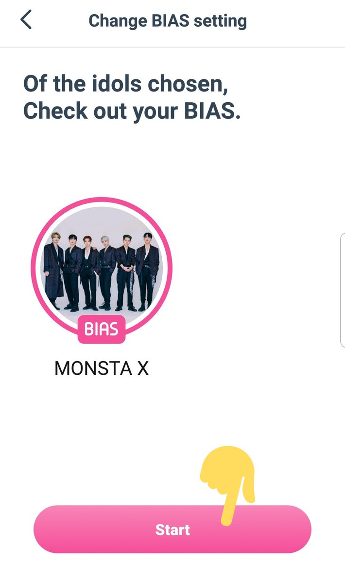 4. Pick an Idol: Check the "Change IDOL setting" and under "Select My Idol" pick MONSTA X5.Pick a Bias: Check the "Change BIAS setting" and under "Of the idols chosen, Check out your BIAS." Click on their picture then start