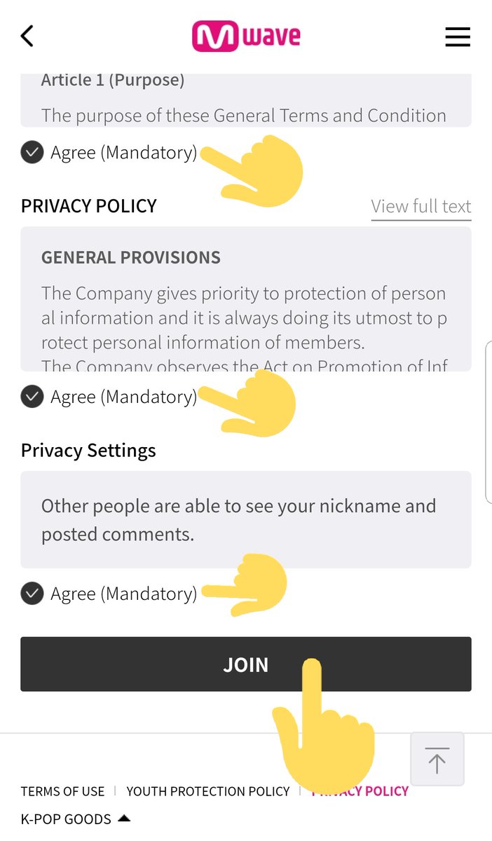 2.Sign in: Click on the side menu and click "SIGN IN" and choose a SNS option3. Agree to the Terms of Service, Privacy Policy & Privacy Setting.