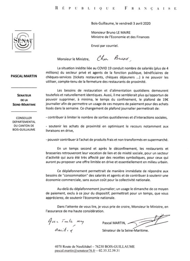 Pasc_Martin's tweet photo. je proposais à @BrunoLeMaire de déplafonner l’usage des #chequedejeuner Bonne nouvelle puisque d’ici peu, un décret viendra en préciser toutes les modalités. Il sera possible de régler en une seule fois jusqu’à 95€ avec ses tickets restaurants, au lieu de 19€ maximum par jour https://t.co/lNACu1XT0t