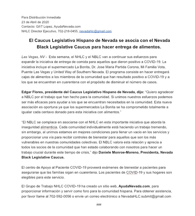 Nevada Latino Legislative Caucus (@nvlatinoleg) on Twitter photo The @NevadaHLC and #NBLC will partner to organize food delivery efforts and expand the #COVID-19 Positive #FoodInitiative. “By joining forces we can maximize efficiency to address food insecurity in our most vulnerable communities.” -<a href="/EdgarFloresNV/">Edgar Flores</a> #NVLeg #Unity #Power #Community The @NevadaHLC and #NBLC will partner to organize food delivery efforts and expand the #COVID-19 Positive #FoodInitiative. “By joining forces we can maximize efficiency to address food insecurity in our most vulnerable communities.” -<a href="/EdgarFloresNV/">Edgar Flores</a> #NVLeg #Unity #Power #Community