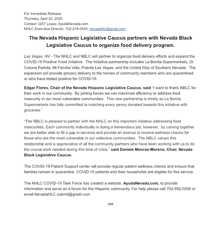 NVLatinoLeg's tweet photo. The @NevadaHLC and #NBLC will partner to organize food delivery efforts and expand the #COVID-19 Positive #FoodInitiative. “By joining forces we can maximize efficiency to address food insecurity in our most vulnerable communities.” -@EdgarFloresNV #NVLeg #Unity #Power #Community https://t.co/nRGjhv14FT