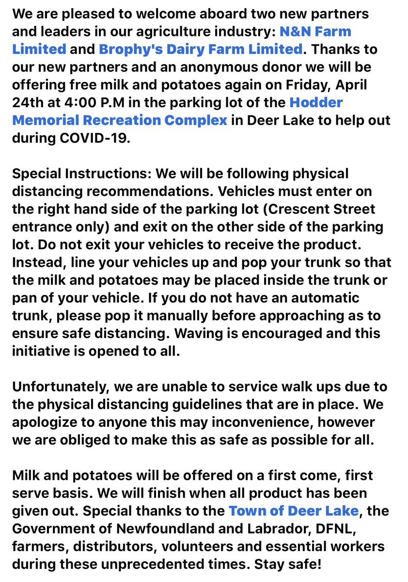 Thanks to new partners free milk and potatoes will be offered again tomorrow, April 24th at the Hodder Memorial in Deer Lake. Instructions available in the photos. Thanks to all involved! <a href="/ianthefarmer/">Ian C Richardson</a> <a href="/NandNFarm/">N & N Farm</a> @Dairyfarmer44 <a href="/NLFarmer2011/">Melvin J Rideout</a> <a href="/simmsstephen/">Stephen Simms</a>