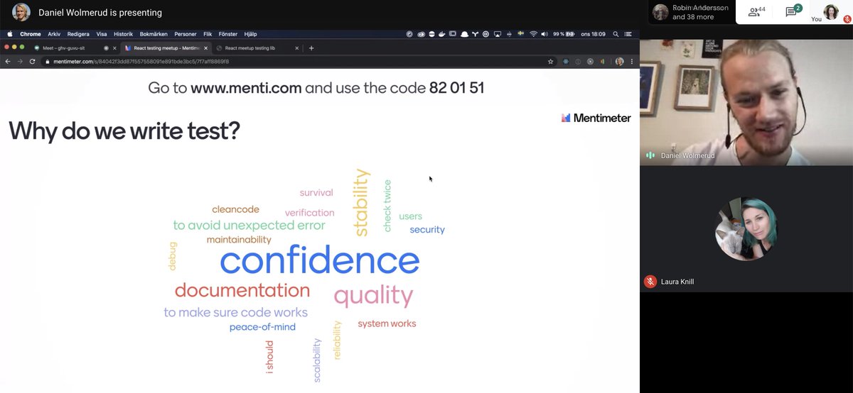 dafnaros's tweet image. Yesterday we hosted an online talk at #StockholmReactMeetup, about #reactTestingLibrary, was dope