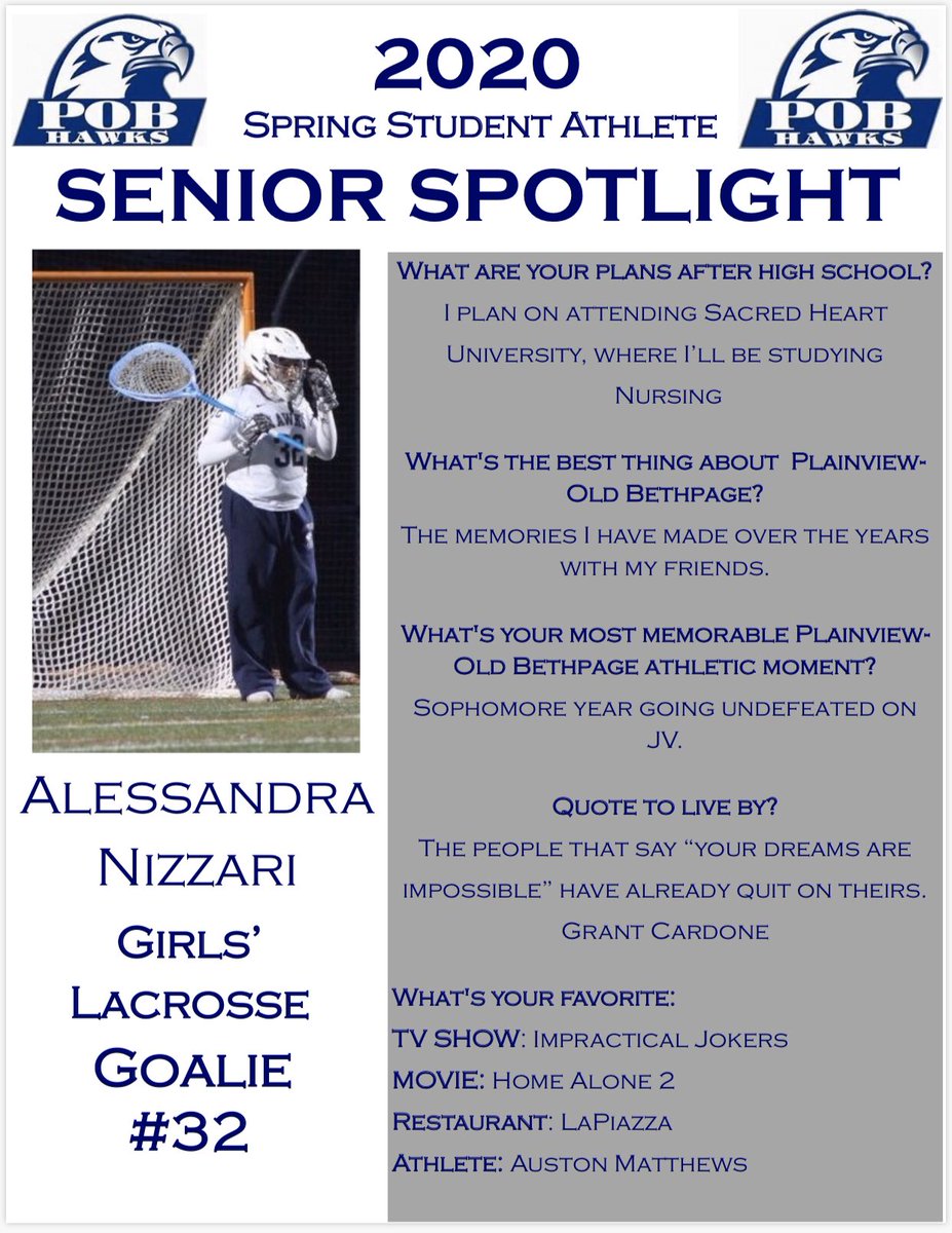 POBATHLETICS's tweet photo. 2020 Senior Spotlight
Spring Student-Athlete
Alessandra Nizzari - Girls’ Lacrosse - Goalie
#POBpride @pobsupt @POBJFK @POBSchools @marytomeara @JMurrayPOB #firstofmany https://t.co/ErDPkFpCtp