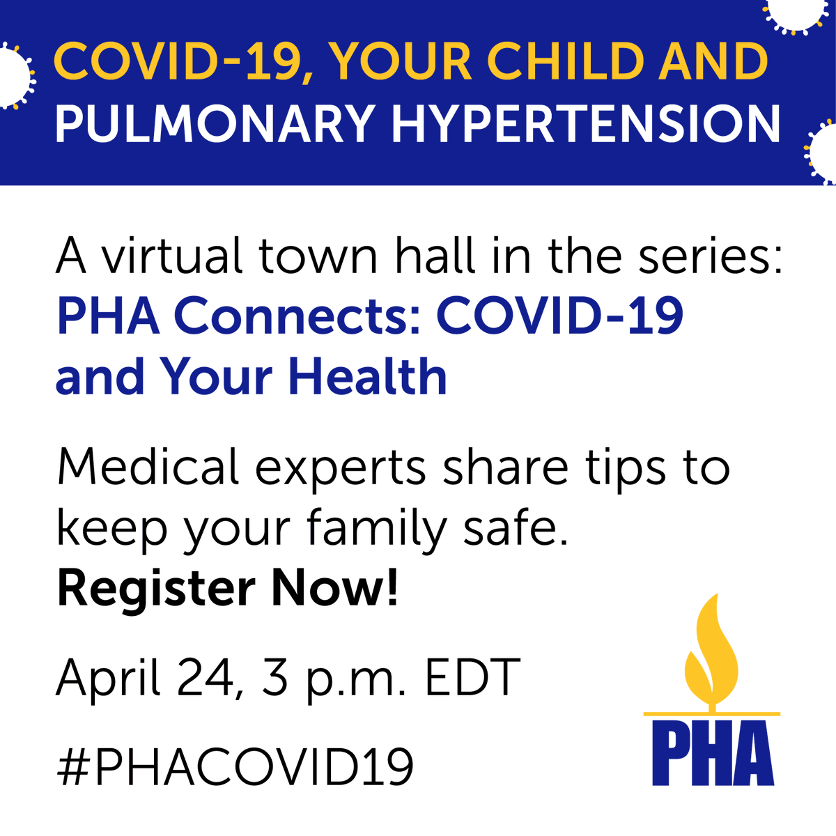 Discover insights on talking to your kids about risks, keeping your family safe, and children active in our free virtual town hall on “#COVID19, Your Child and Pulmonary Hypertension” at 3 p.m. EDT Friday, April 24. phassociation.org/pha-connects/ #PHACOVID19