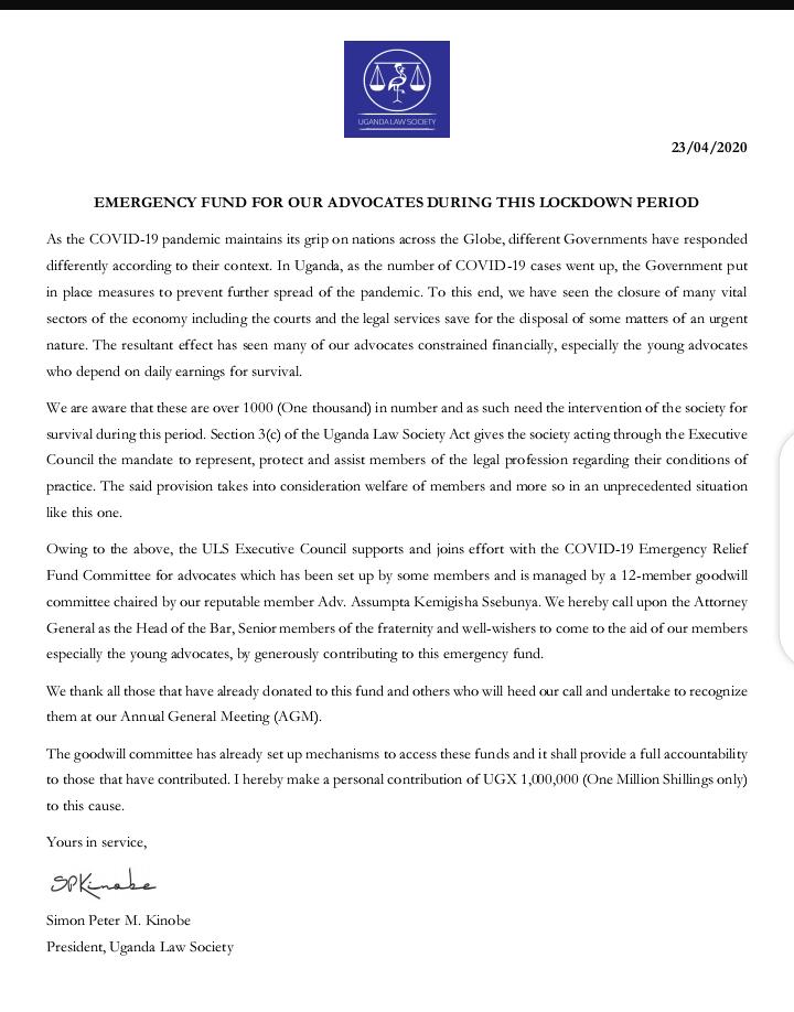 LegalworldUG's tweet photo. @ug_lawsociety endorses well wishers' relief fund for lawyers in this COVID-19 pandemic. President @SPKinobe2018 @spkinobe contributes UGX 1M. https://t.co/muv1jJVFdc