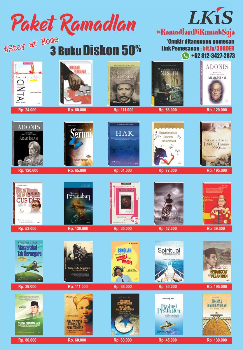 SEMARAK #RAMADLANDIRUMAHSAJA 

Bazaar Buku Murah LKiS selama bulan ramadlan. Pemesanan dpt dilakukan dg
Klik: bit.ly/3ORDER