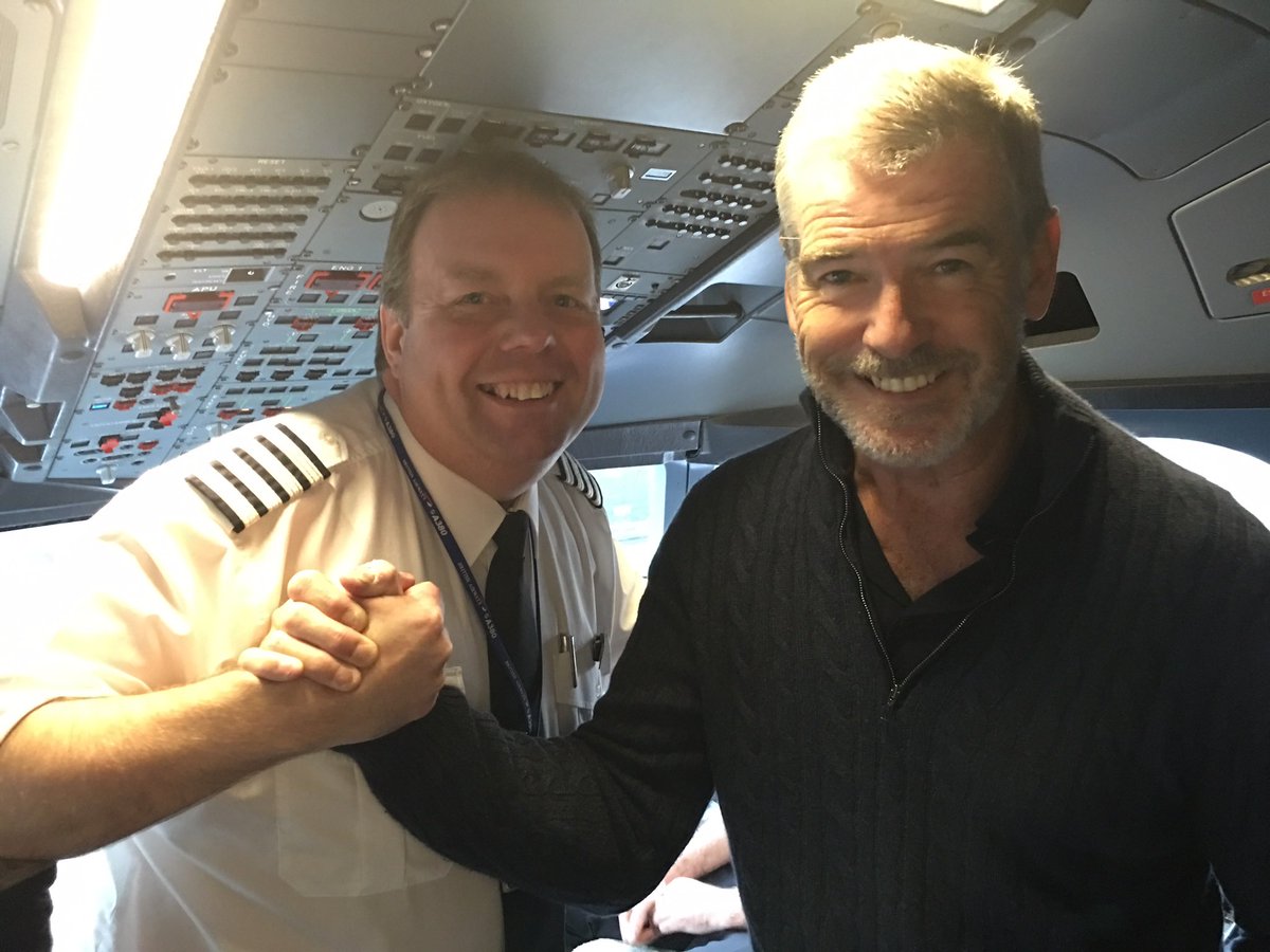 DaveWallsworth's tweet photo. One of the things I am missing most with not flying at the moment is the people I am so fortunate to work with and meet every day. People like @LadySpeedbird Mark Dembrey (who’s now an A320 Captain), Helen McCrory, Timothy Dalton and @PierceBrosnan All lovely people. 😄 https://t.co/C2snk3MZld