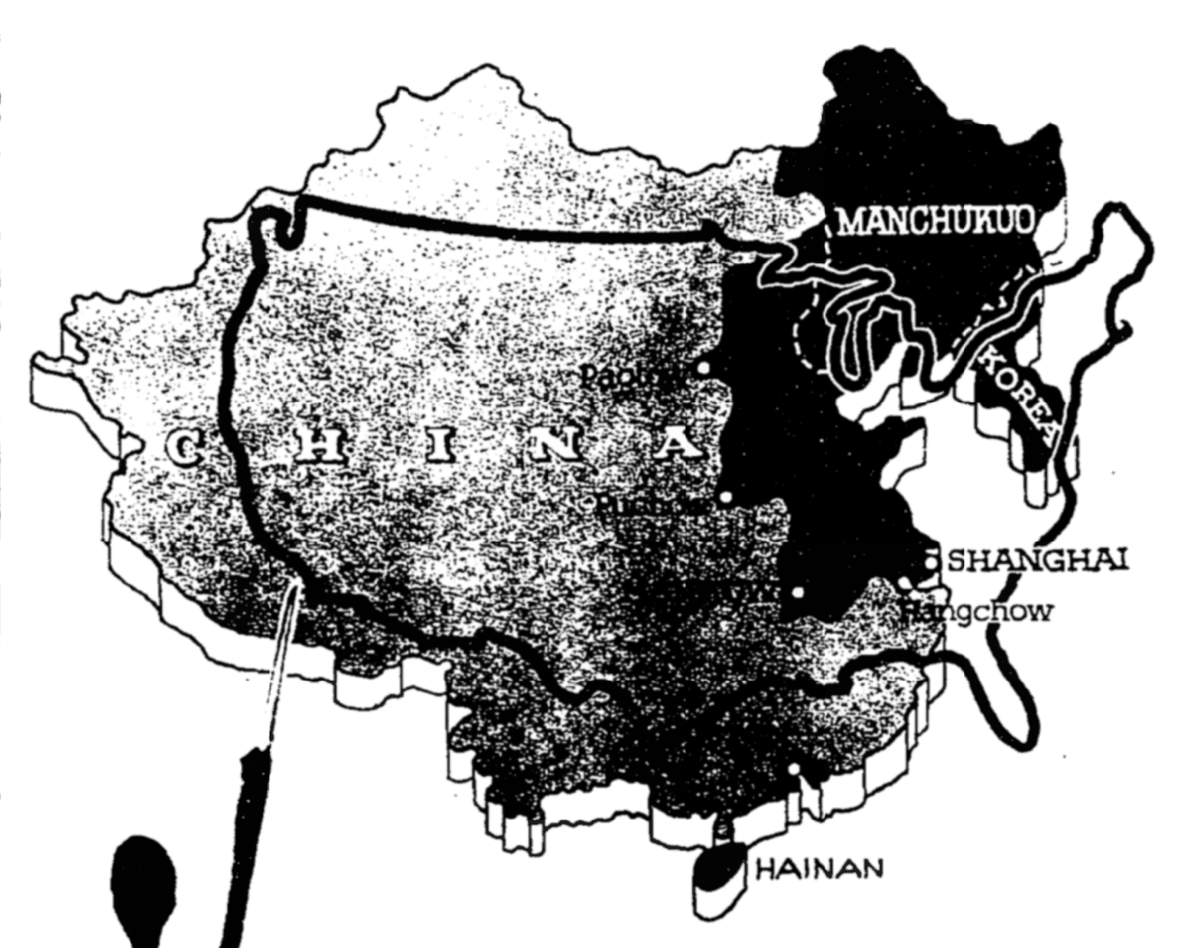 16. "A graphic idea of the extent of Japan's conquests in China—Territory on Asia's mainland now controlled by Japan shown in the same scale with the United States." New York Times, March 12, 1939.