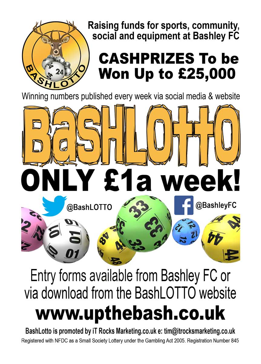 🎟️ Join BashLOTTO, help <a href="/FootballBashley/">Bashley FC</a> improvements become financially easier

📆 22/04/2020 Draw
🔢 Winning numbers 50 &amp; 08 Rollover!

⬇️ Download our Entry Form, post &amp; wait to win, simple!
🕸️ upthebash.co.uk

💷 This week's jackpot £156:00

#UpTheBash