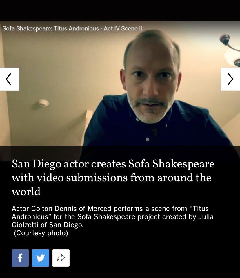 Colton_Dennis's tweet image. A screenshot of my scene from Titus Andronicus in the San Diego Union Tribune. My scene was one of over 500 performers in 22 countries to submit to @sofashakes . There have been many talented and creative people who’ve submitted so far!

sandiegouniontribune.com/entertainment/…