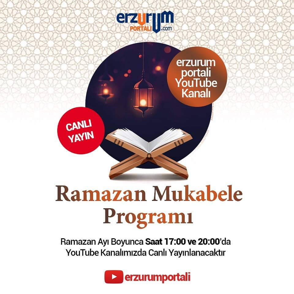 Ramazan ayı boyunca saat 17:00'da ve 20:00'da canlı olarak YouTube kanalımızda Ramazan Mukabele Programı yayını yapılacaktır.

Youtube kanalımız:
youtube.com/erzurumportali

Kanalımıza abone olmayı unutmayın lütfen. 

#ramazan #mukabeleprogramı #erzurum #erzurumportali