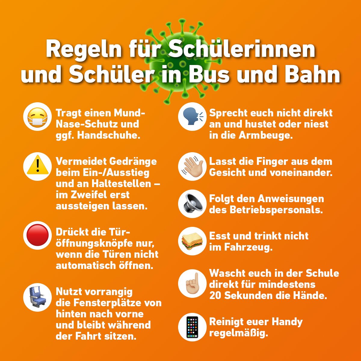 VerkehrNRW's tweet photo. ‼️ Hinweise und Verhaltensregeln für einen besseren #Infektionsschutz im #Schülerverkehr. Sie sollen als Orientierungshilfe insbesondere für das Verhalten von #Schülerinnen und #Schülern bei den Fahrten zur #Schule dienen. @BildungslandNRW https://t.co/Z1P9zBj3wl