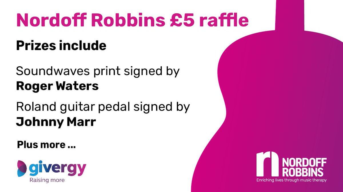 nordoffrobbins's tweet photo. We've partnered with @GivergyUK to launch our raffle 🎉 For just £5 a ticket you can be in with a chance to win some amazing prizes! Including a signed @Roland_UK guitar pedal from @Johnny_Marr and a @Soundwaves_Art Pink Floyd print https://t.co/VW4Elfak4o https://t.co/IsRdKuLSTJ