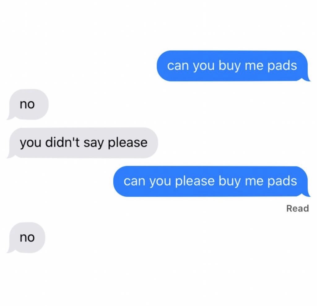 some of the originals characters as “can you buy me pads” text messages: