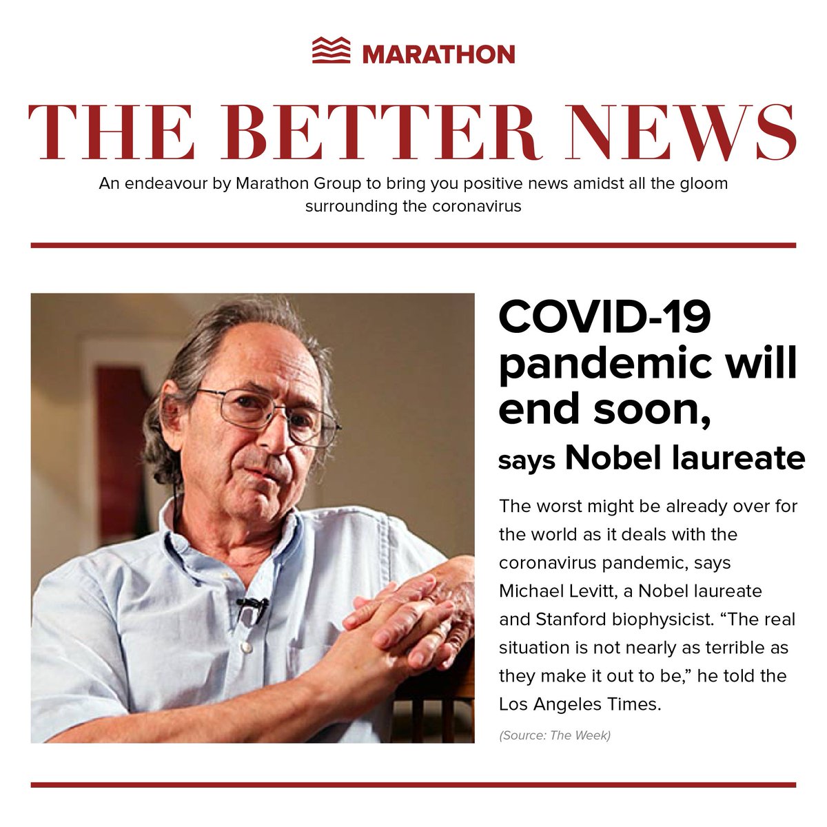 marathon_realty's tweet photo. Michael Levitt, Nobel Laureate, Biophysicist, who correctly predicted the COVID-19 global trends says " We are going to be fine" and that the situation is already gradually coming under control. Read more here: https://t.co/0H4l5fl6om
#goodnewsfeed #marathongroup #stayingpositive https://t.co/K2Nud6g6tr