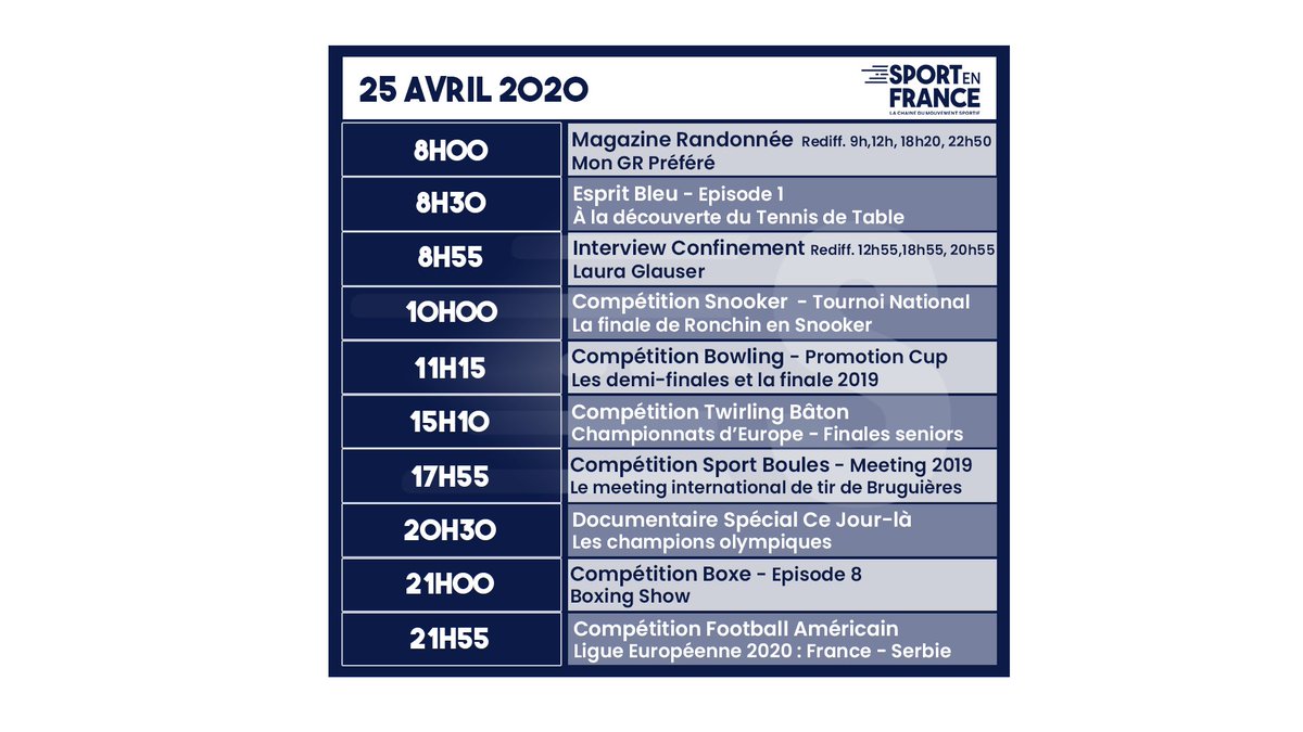 sport_en_france's tweet photo. Le programme 2/2
15h10 🔥
Champ 🇪🇺 de Twirling Bâton
#FFSTB
17h55 🔥
Meeting Int de tir de Bruguières
@sportboules @sport_boules
20h30 🎥
Ce Jour-Là Spécial Champions Olympiques
@jeuxolympiques @Paris2024
21h 🥊
Boxing Show
@FF_Boxe @FFSbfDA @ffkmda
@FranceOlympique https://t.co/QX90NDFRGo