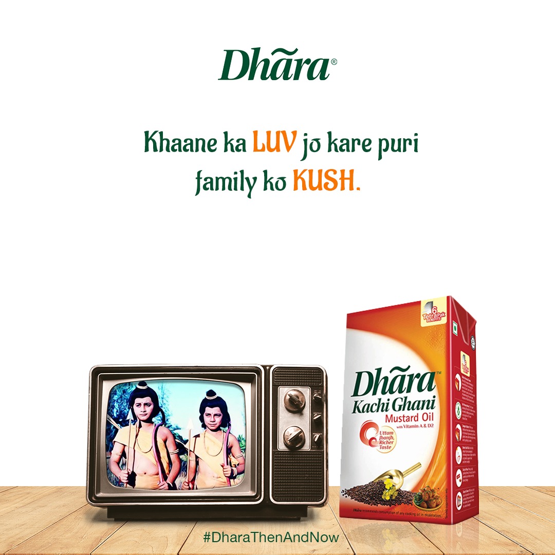 DharaOils's tweet photo. Give your on-screen nostalgia a touch of Dhara. Revisit Dhara ads while watching your favorite TV show #Ramayan on DD National. It's the perfect time to gather your family. #Ramayan2020 #LuvKush #LockdownExtended https://t.co/HagzNUVbt4