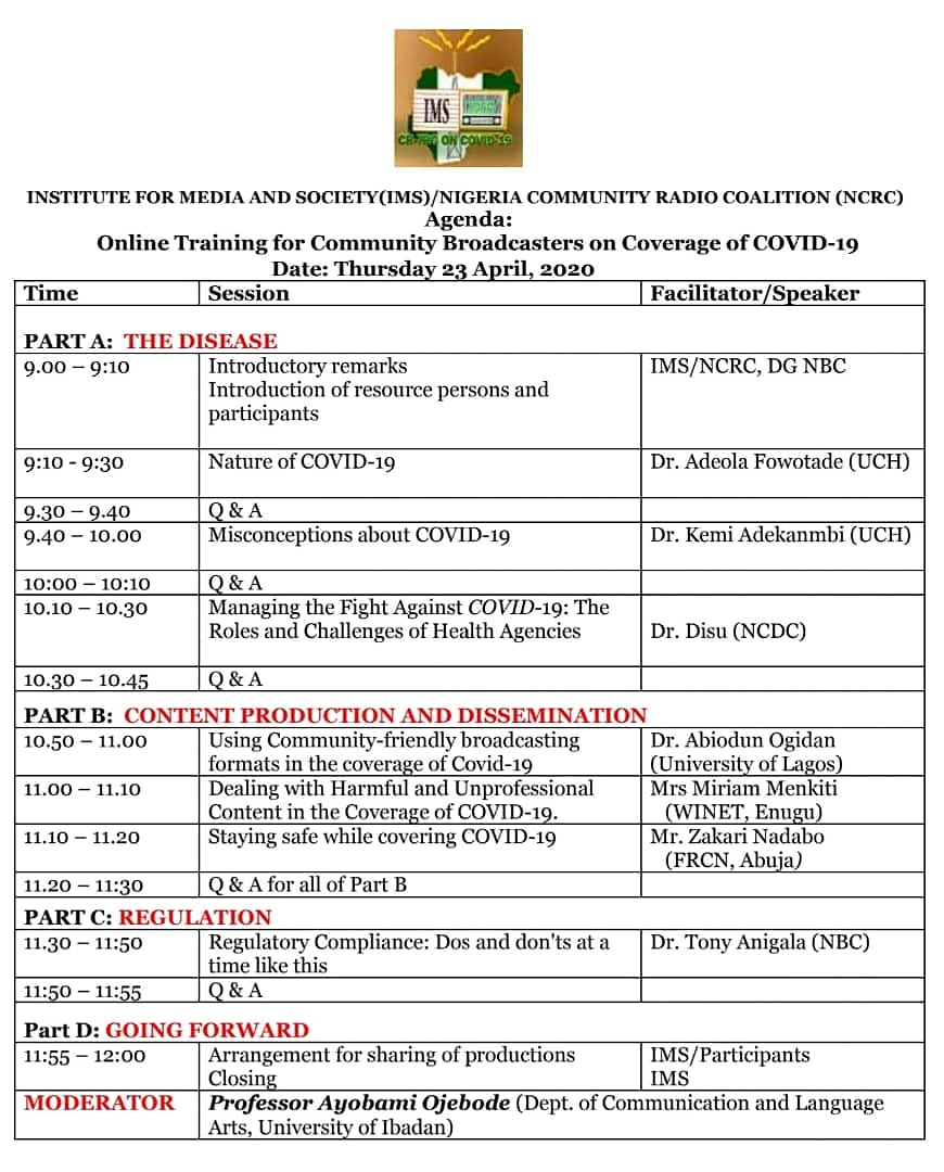 nbcgovng's tweet photo. The Institute for Media and Society, (IMS) , in collaboration with the Nigeria Community Radio Coalition (NCRC),  online training for Community Broadcasters on coverage of COVID-19 has commenced. https://t.co/wAw9qgSuBE