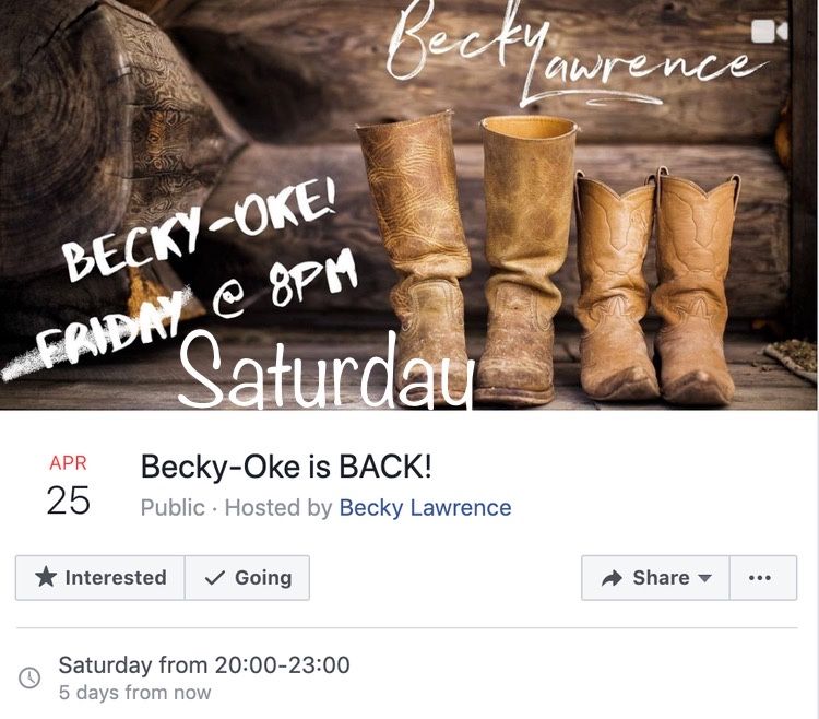 BeckyLawrenceUK's tweet photo. Back with round 2 of Becky-Oke this Saturday night! Itβs going to be a jam packed evening yβall π€ π΅ @BellesandGals #IsolationEntertainment #livestream #music #manxcountry https://t.co/E4X62ibk3G