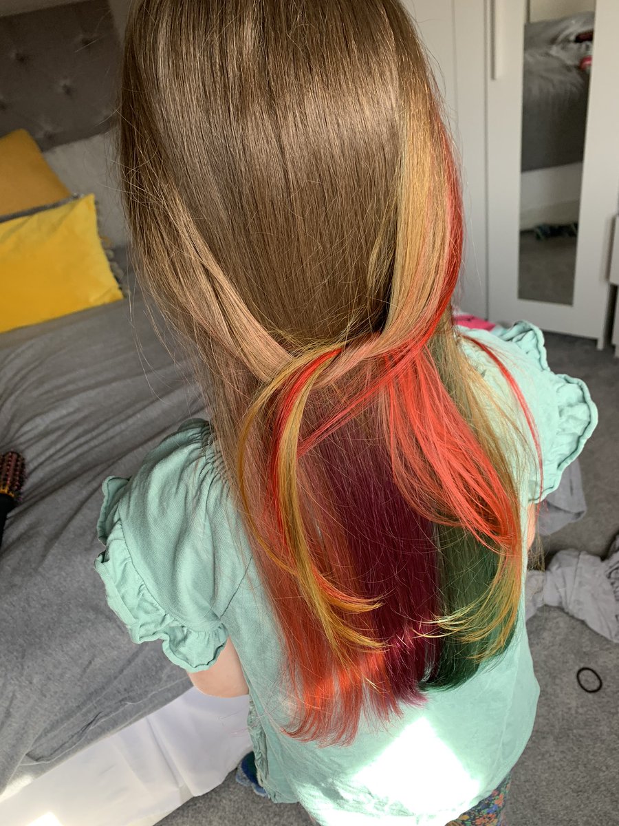 megz_ninetyfive's tweet photo. @MissOH_StP Amelia wanted me to show you our creation this morning using tissue paper! She is delighted and so happy! #Rainbowhair #staysafe https://t.co/RxDPcN4i9h