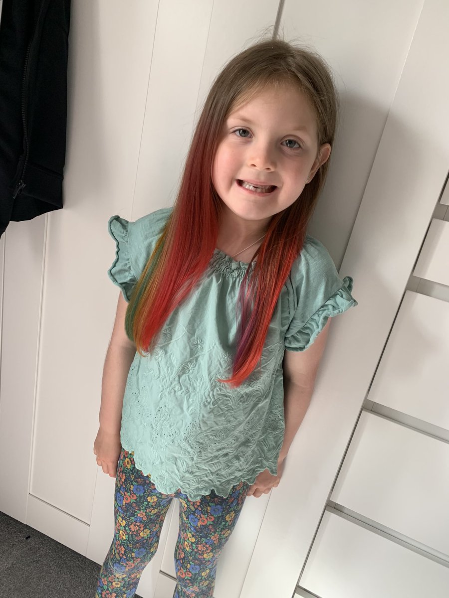 megz_ninetyfive's tweet photo. @MissOH_StP Amelia wanted me to show you our creation this morning using tissue paper! She is delighted and so happy! #Rainbowhair #staysafe https://t.co/RxDPcN4i9h