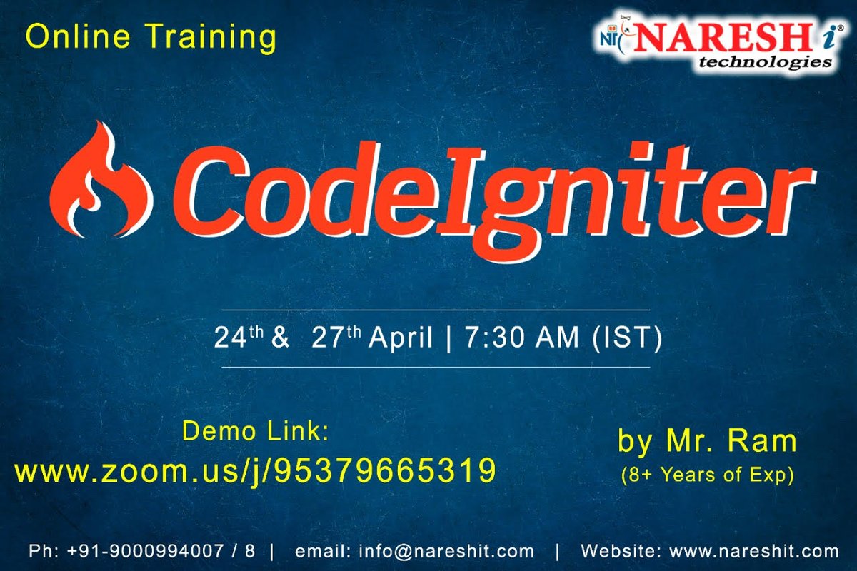nareshitech's tweet image. Enroll Now: zcu.io/qvFe
Free Online Workshop on Codeignitor by Mr.RAM (10+ Years Exp)
Demo on: 24th & 27th April @ 7.30 AM
#Codeignitor #workshop #freeworkshop #Online #Training #Course #education #learning #software #nareshit