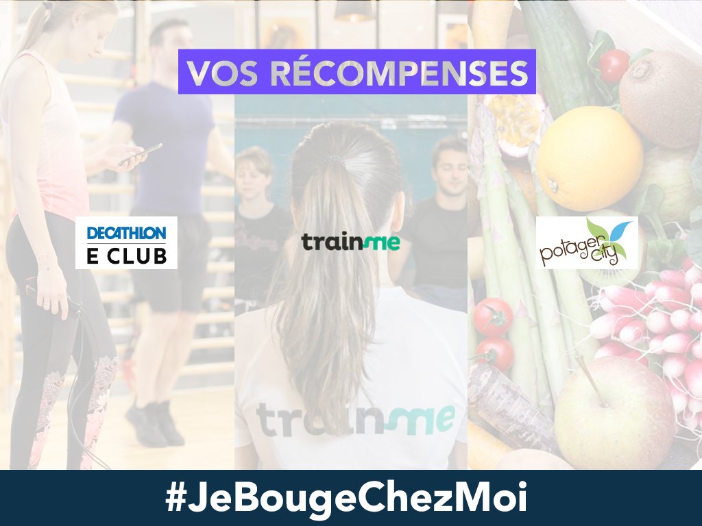 En participant à notre challenge #JeBougeChezMoi, vous pouvez remporter plusieurs récompenses 🎁 : des sessions <a href="/TrainMe/">Wayne Traina</a> en visio🧘‍, des abonnements à <a href="/Decathlon/">Decathlon</a> e-club pour faire du sport à la maison 🏋️‍ mais aussi des paniers de fruits et légumes frais grâce à <a href="/potagercity/">Potager City</a> 🥙