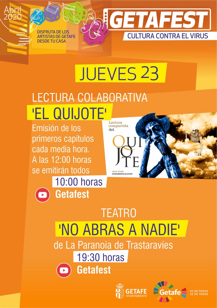 aytogetafe's tweet photo. Adelantamos la programación del #GetaFest para este fin de semana a la espera de confirmar los actos del domingo.
Os recordamos que hoy #DiaDelLibro podéis seguir la lectura de El Quijote en el canal de Youtube del #GetaFest https://t.co/m0A9aqzD4i