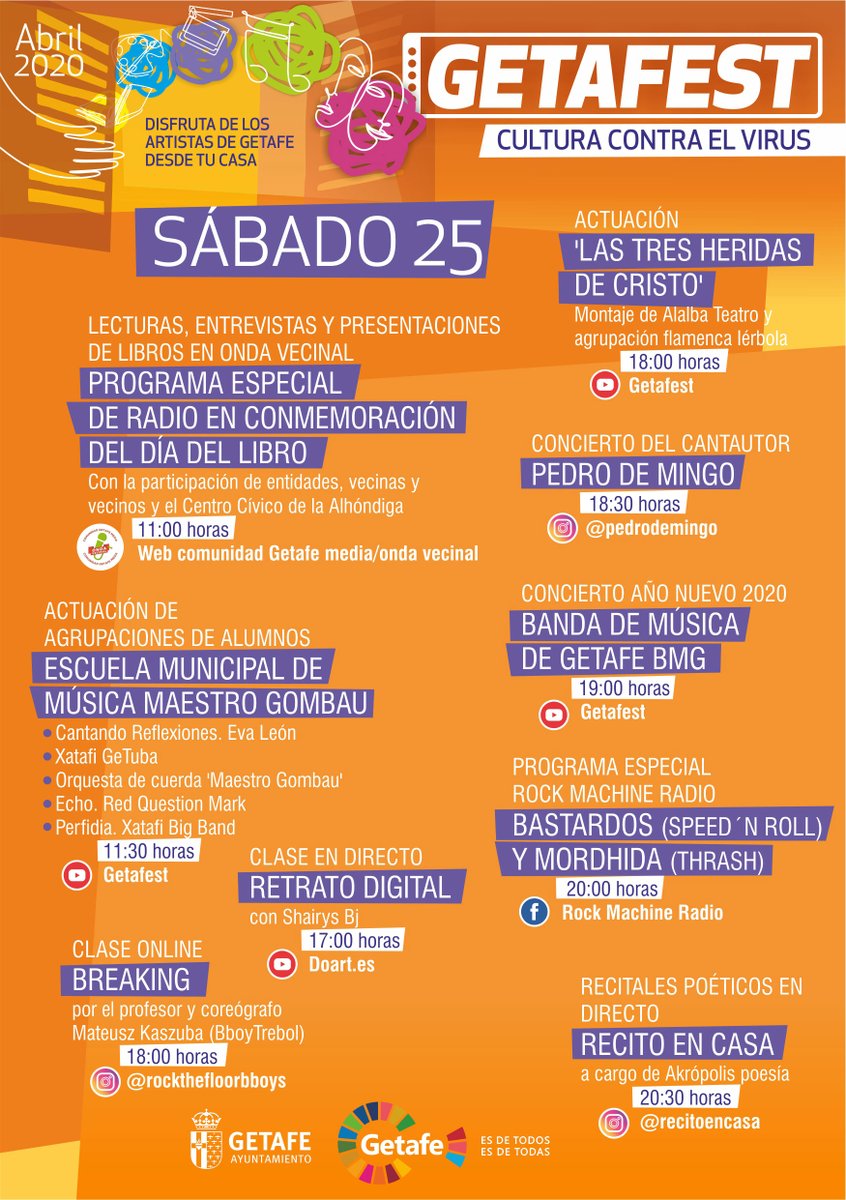 aytogetafe's tweet photo. Adelantamos la programación del #GetaFest para este fin de semana a la espera de confirmar los actos del domingo.
Os recordamos que hoy #DiaDelLibro podéis seguir la lectura de El Quijote en el canal de Youtube del #GetaFest https://t.co/m0A9aqzD4i
