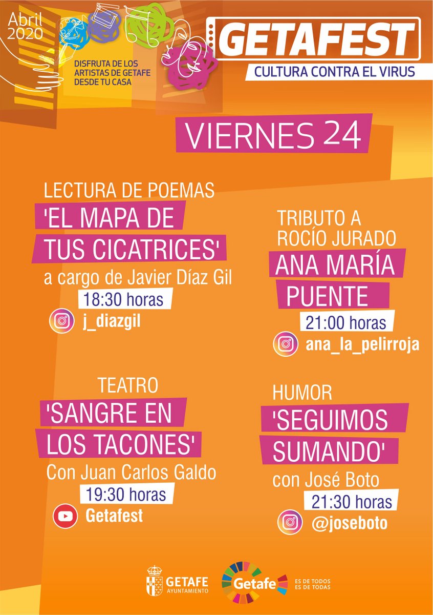 aytogetafe's tweet photo. Adelantamos la programación del #GetaFest para este fin de semana a la espera de confirmar los actos del domingo.
Os recordamos que hoy #DiaDelLibro podéis seguir la lectura de El Quijote en el canal de Youtube del #GetaFest https://t.co/m0A9aqzD4i