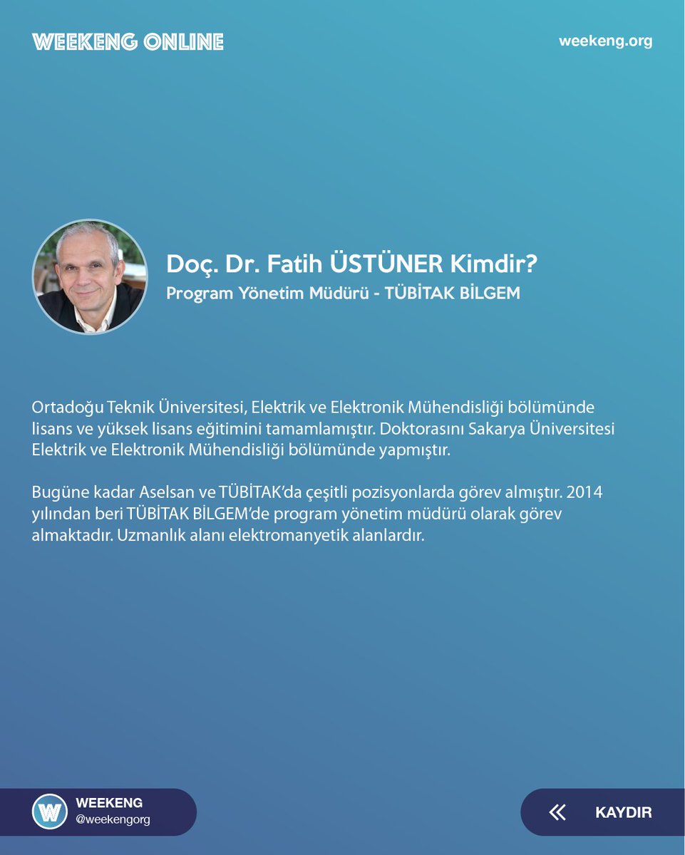 Bilgisayar Mühendisliğinin düzenlediği “Weekeng” bu yıl online! Teknoloji zirvesinde; pandemi öncesi ve sonrasında yapay zekâ ve ar-ge faaliyetlerinde TÜBİTAK’ın yaklaşımı konuşulacak. 25 Nisan’da weekeng.org/live 'da izleyebilirsiniz. <a href="/YeniNesilARGE/">Yeni Nesil ARGE</a> <a href="/fsmbilisim/">Bilişim ve Teknoloji</a> <a href="/ieeefsmvu/">IEEE FSMVU</a>
