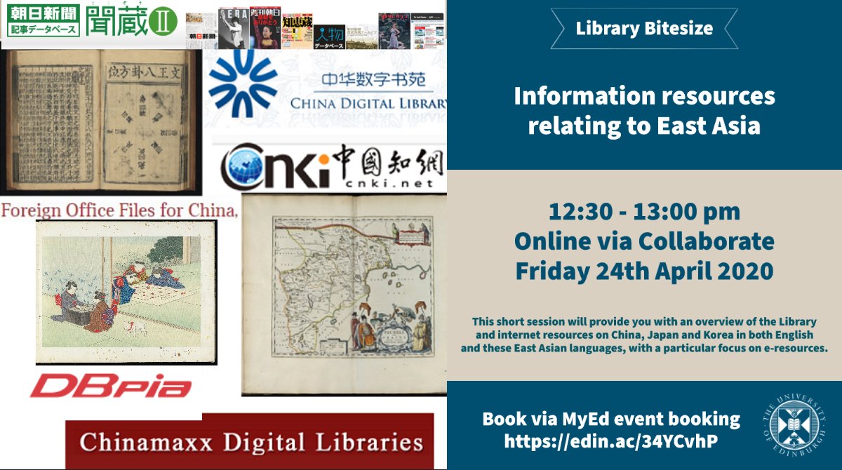 EdUniLibraries's tweet photo. Interested in finding digital resources on China, Japan and Korea in both English and these East Asian languages? Our #LibraryBitesize session tomorrow (24.04.20), 12:30-13:00, may be just what you're looking for. Book on at https://t.co/rTeTEjY49S https://t.co/MUiX7pZQeP