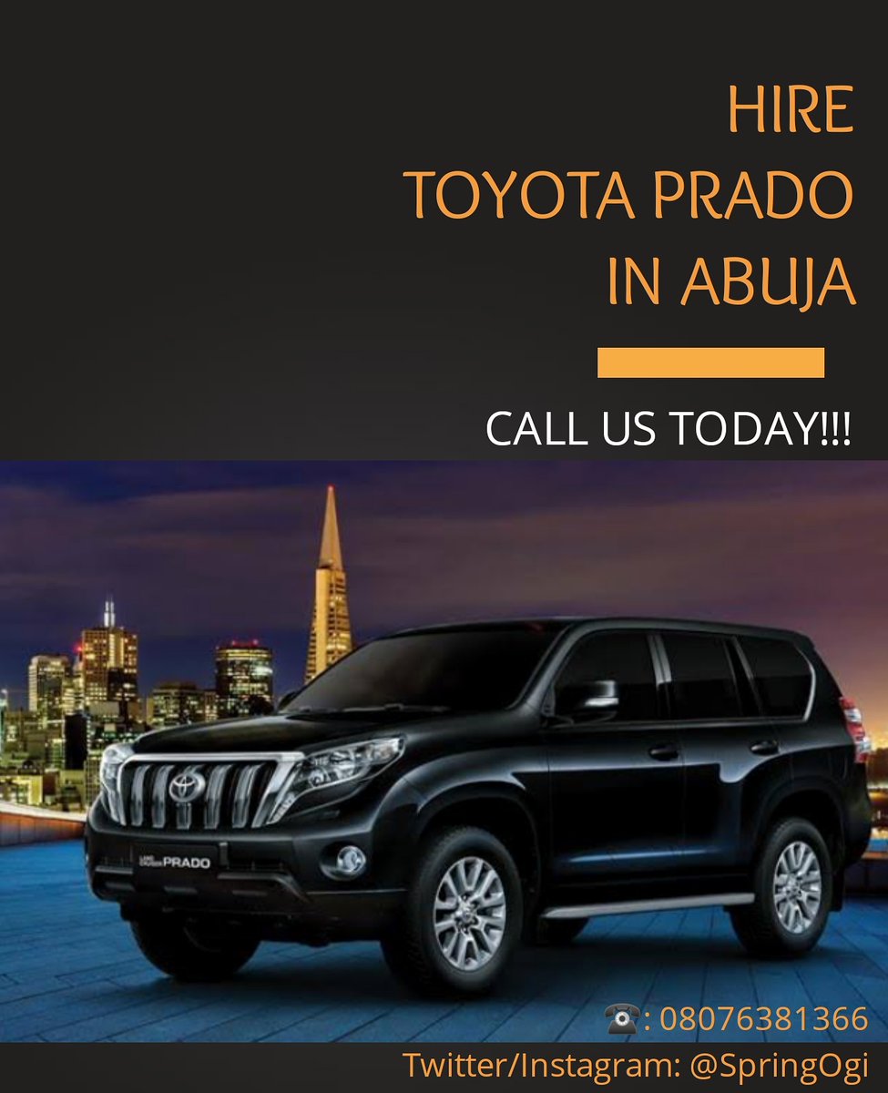 SpringOGI's tweet photo. Contact us for your Car Hire needs if you need to travel out of town.
#Abuja #CarHire #Prado #Camry #Toyota #Security #SpringOgi https://t.co/w9ShcmbeCK
