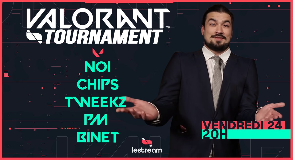 lestreamFR's tweet photo. 💥 #LeStreamTournament : #VALORANT !
🔴 Team @Noigiaire : @Twisted_Chips @Tweekzila @pmleek & @binetspwR
💰Cashprize : 5000€
📌Vendredi 24/04 à 20h sur LeStream https://t.co/ejITNizj8q