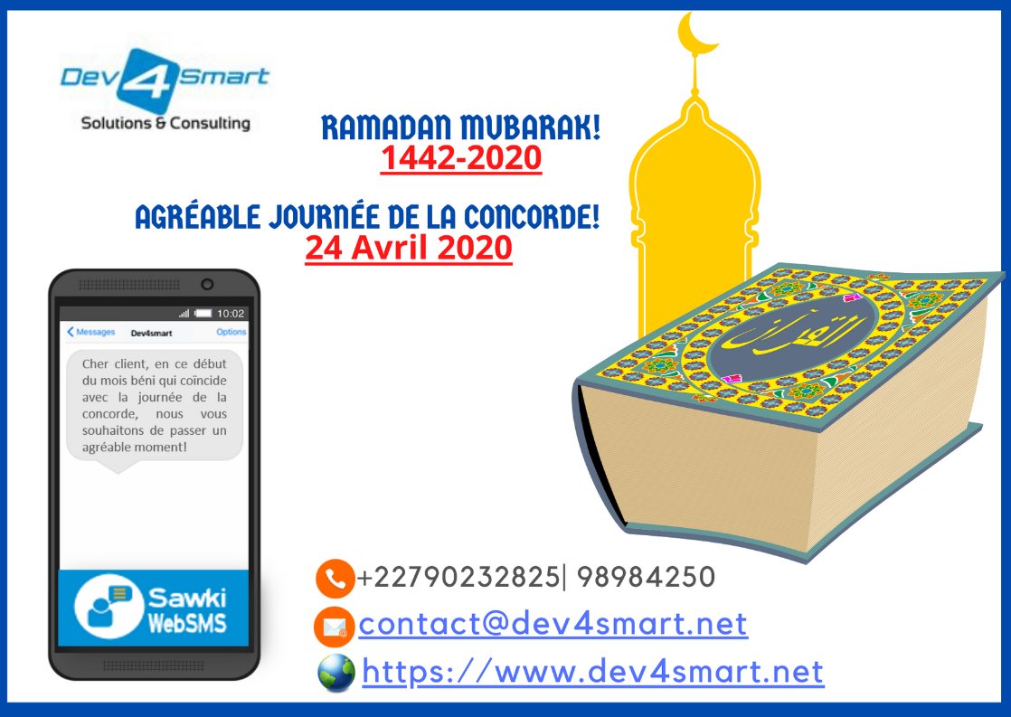 dev4smart's tweet image. En cette veille du mois béni qui coïncide avec la journée nationale de la concorde, profitez de nos offres Sawki WebSMS pour souhaiter une agréable journée de la concorde et un ramadan mubarak à tous vos clients et prospects. 
#SawkiWebSMS
#Ramadan2020
#NigerConcorde2020