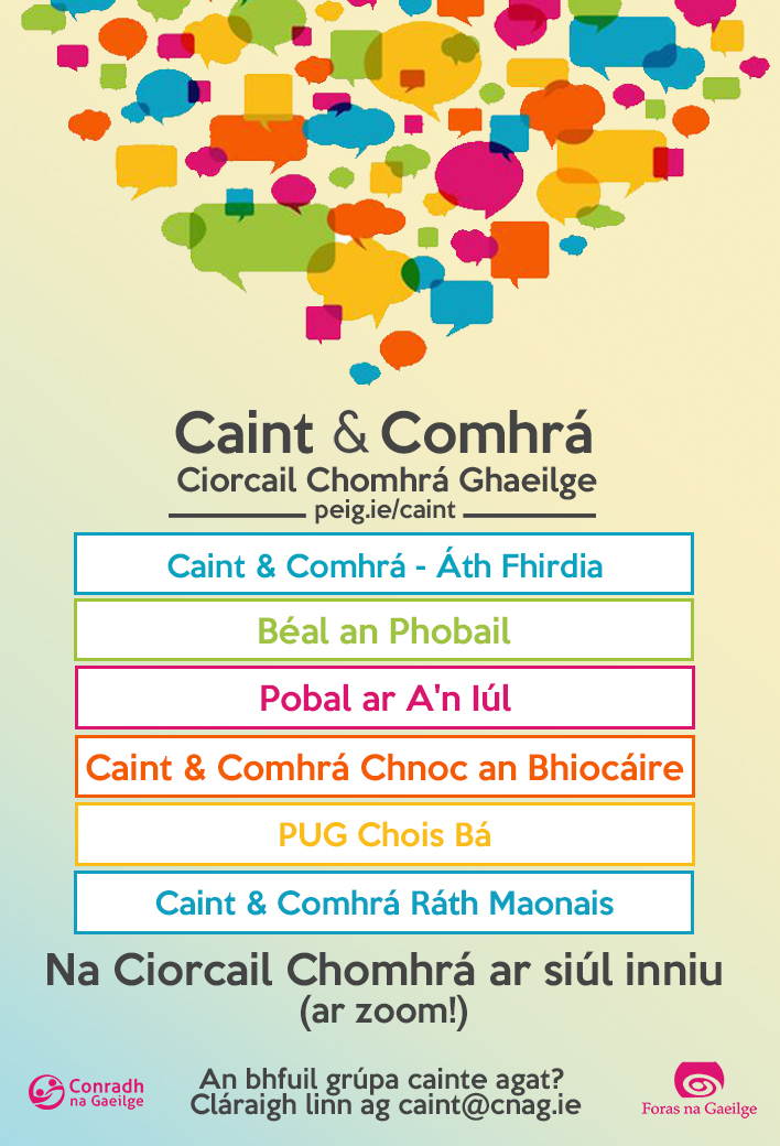 SnaGaeilge's tweet photo. Seo hiad na grúpaí cainte atá ag bualadh inniu ar @zoom_us 

An bhfuil tú mar chuid de grúpa cainte nó ciorcal comhrá #Gaeilge?
Claraigh linn ag caint@cnag.ie https://t.co/O0c8LAz4FW