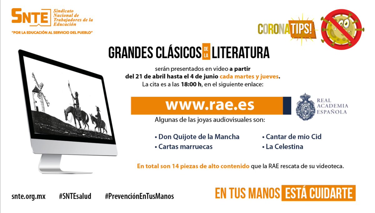 SnteNacional's tweet photo. #SNTEsalud ⚕ 

#23Abril 🗓️ #DiaDelLibro 📚 #WorldBookDay 📔 Disfruta de los clásicos en tiempos de #Coronavirus #COVID19 🦠 

Leer es un placer #QuedateEnCasa leyendo 🤓

#FelizJueves México #23Abril #Covid_19 #SomosMexico #LeiaEmCasa #bbrighvc #24Abril #FelizFinde #libros Covid https://t.co/ZRmTStA5qd