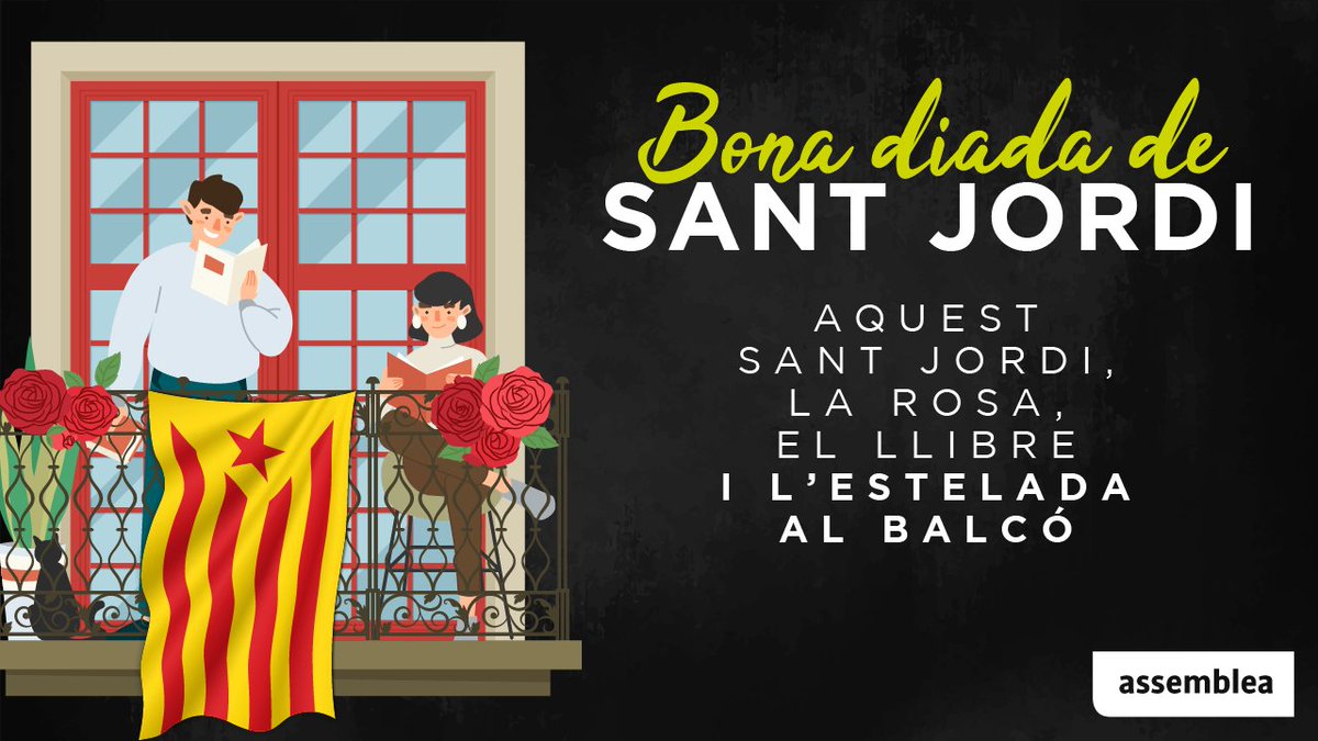 Assemblea_Joves's tweet photo. ⚫🌹 Bona diada de Sant Jordi!   

💛 Omplim finestres i balcons de llibres, roses i estelades! 

🗣️ Fem-la des de casa. Una diada per compartir i reivindicar més que mai la cultura i la independència! 

#SantJordiACasa 
#ObjectiuIndependència https://t.co/wXLvnYwEuC