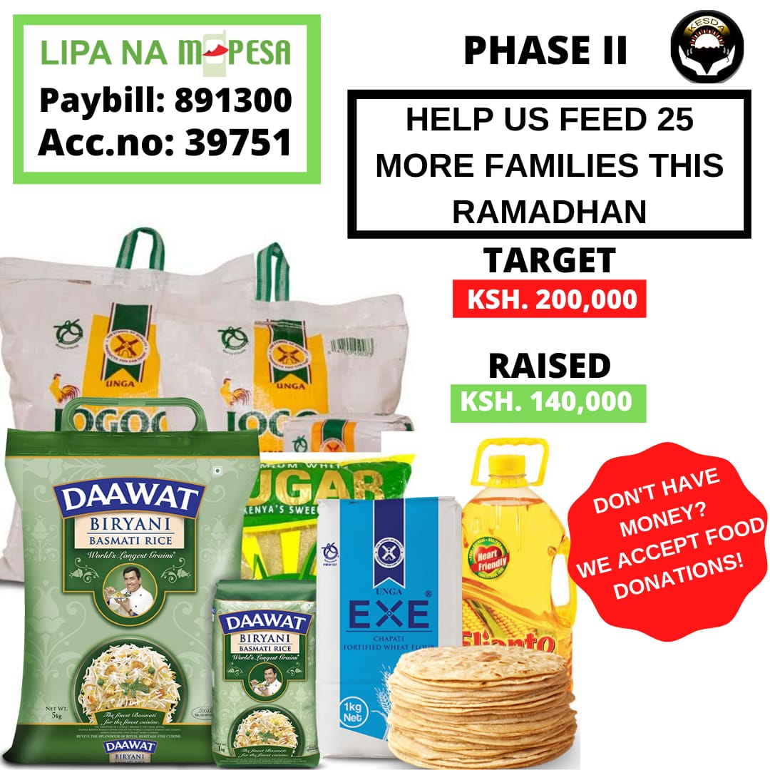 kesda_kenya's tweet photo. We are halfway there. In phase II of the Wajir County Iftar Program,25 families still need us to help them have a less stressful Ramadhan. Be part of this magical transformation by donating as little as Ksh. 10 to Lipa na Mpesa,

Paybill: 891300
https://t.co/uAGeryeXRd: 39751 https://t.co/MQ8cgWYJdn