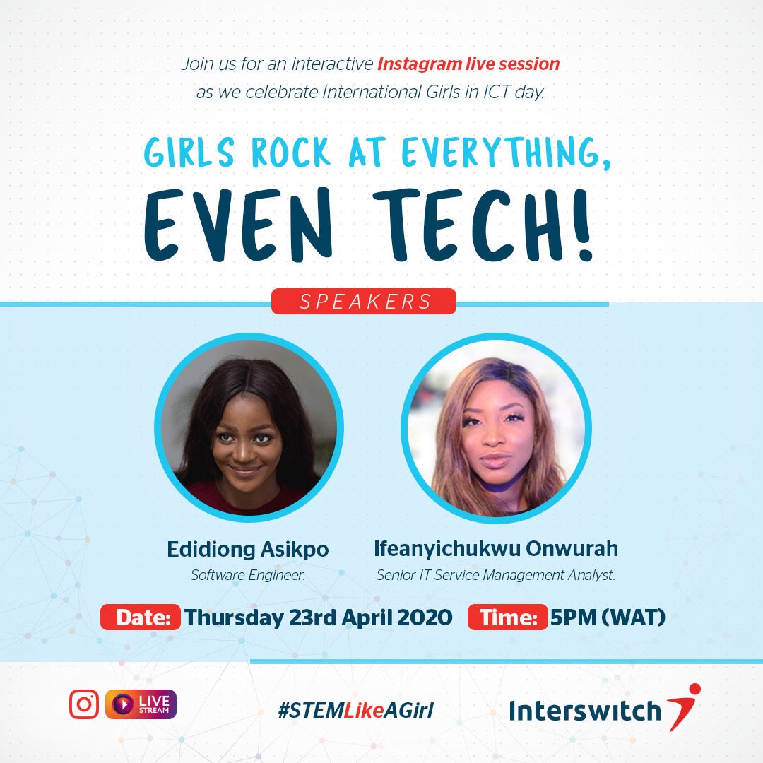 At 5pm WAT today on @InterswitchGRP's IG Live, I will be talking about gender inclusion in the tech industry, my experience so far, and what the future holds for the tech industry. 

You really don’t want to miss this💛!

#GirlsinICT #internationalgirlsinictday