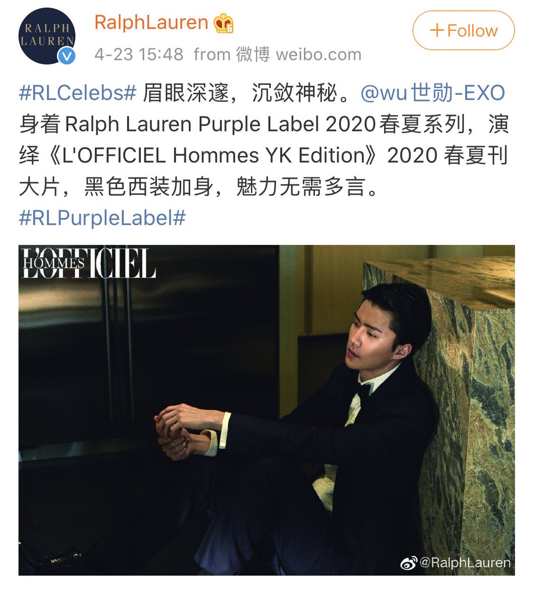 sukaihan's tweet photo. Ralph Lauren: #RLCelebs Deep-set brows and eyes, reserved and mysterious. Oh #Sehun is wearing RL Purple Label 2020 Spring/Summer series, portrayed in photos of <L’OFFICIEL Hommes YK Edition> 2020 S/S issue, in a black suit, there’s no need for more words to describe his charm. https://t.co/WaBRogOwk4