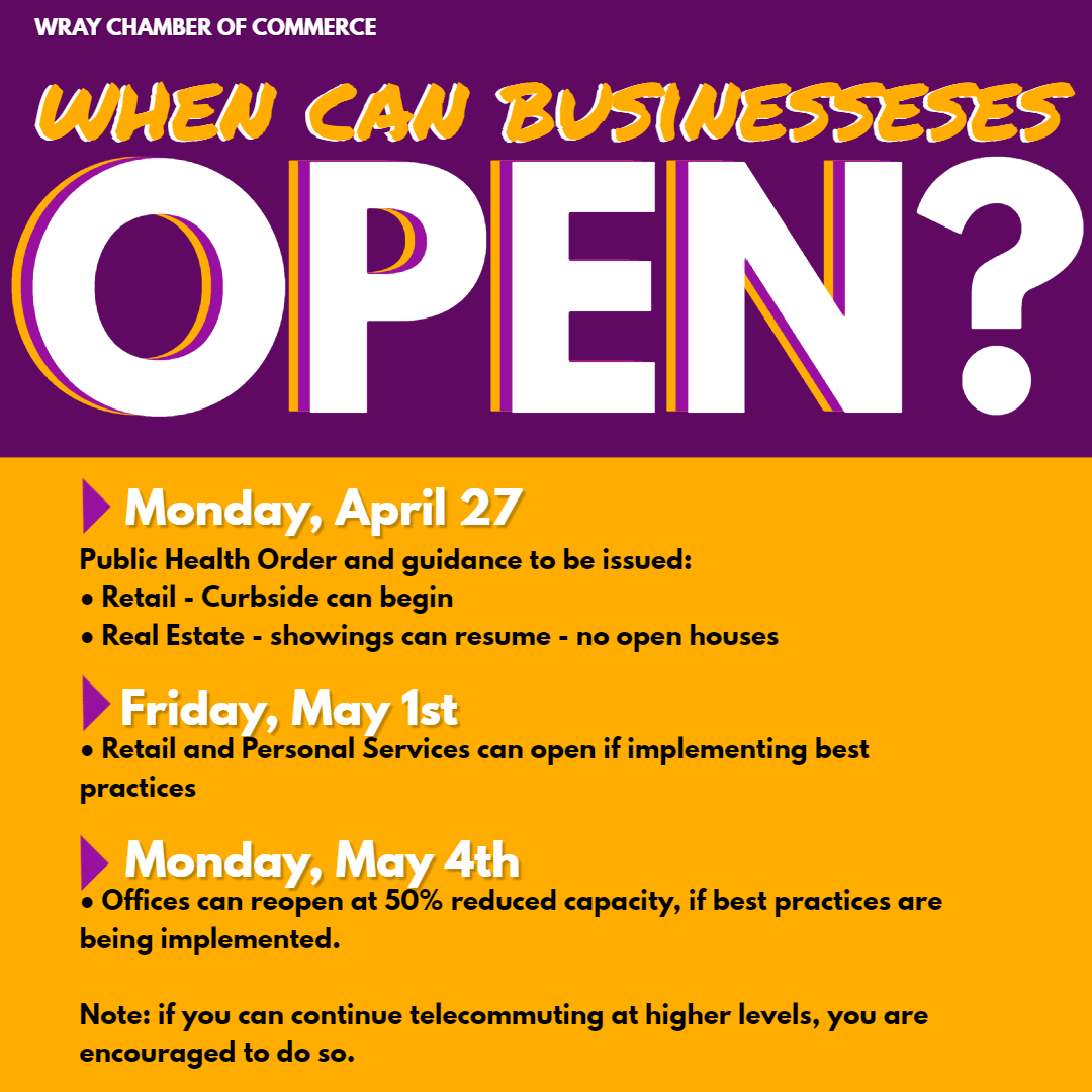 WrayChamber's tweet photo. Looking forward to welcoming back some of our businesses!! For more detailed documentation please refer the state documents listed here as of 4-22. 
https://t.co/JhPSWEtnEK
or 
https://t.co/qw5Diu8Udi https://t.co/sfqkJ9vczi
