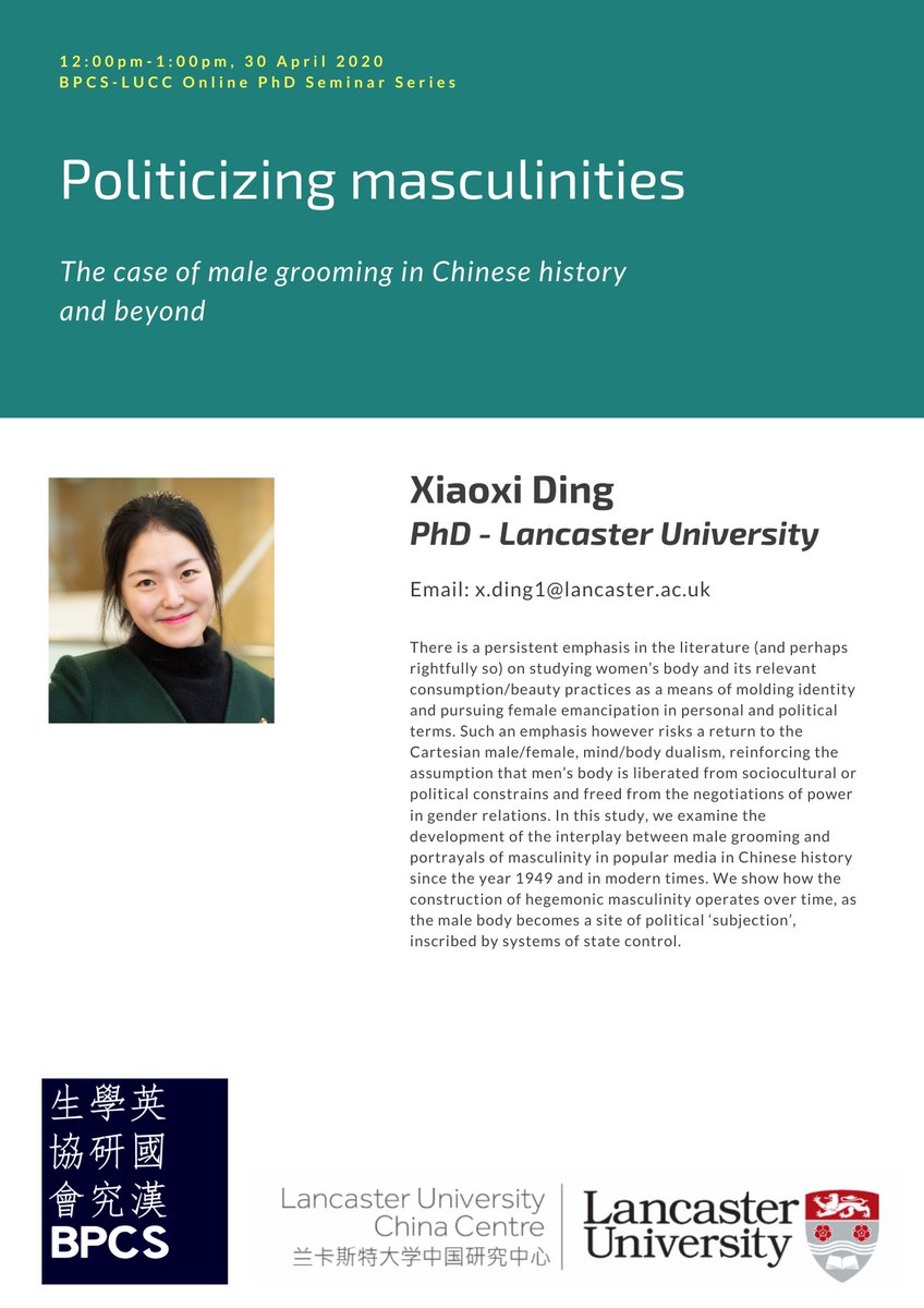BPCS-LUCC Online PhD Seminar Series

Topic: Politicizing masculinities: The case of male grooming in Chinese history and beyond

(If you are interested in joining the online seminar through Zoom, please email bpcsconference2020@gmail.com to request the link &amp; password.)