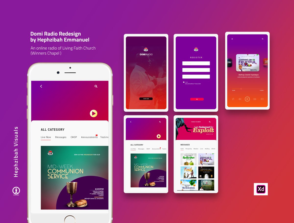 imahephzibah's tweet photo. A redesign of Domi Radio App owned by Living Faith Church aka winnners Chapel using @AdobeXD @adobexd_nigeria https://t.co/o7nC9GH9RS