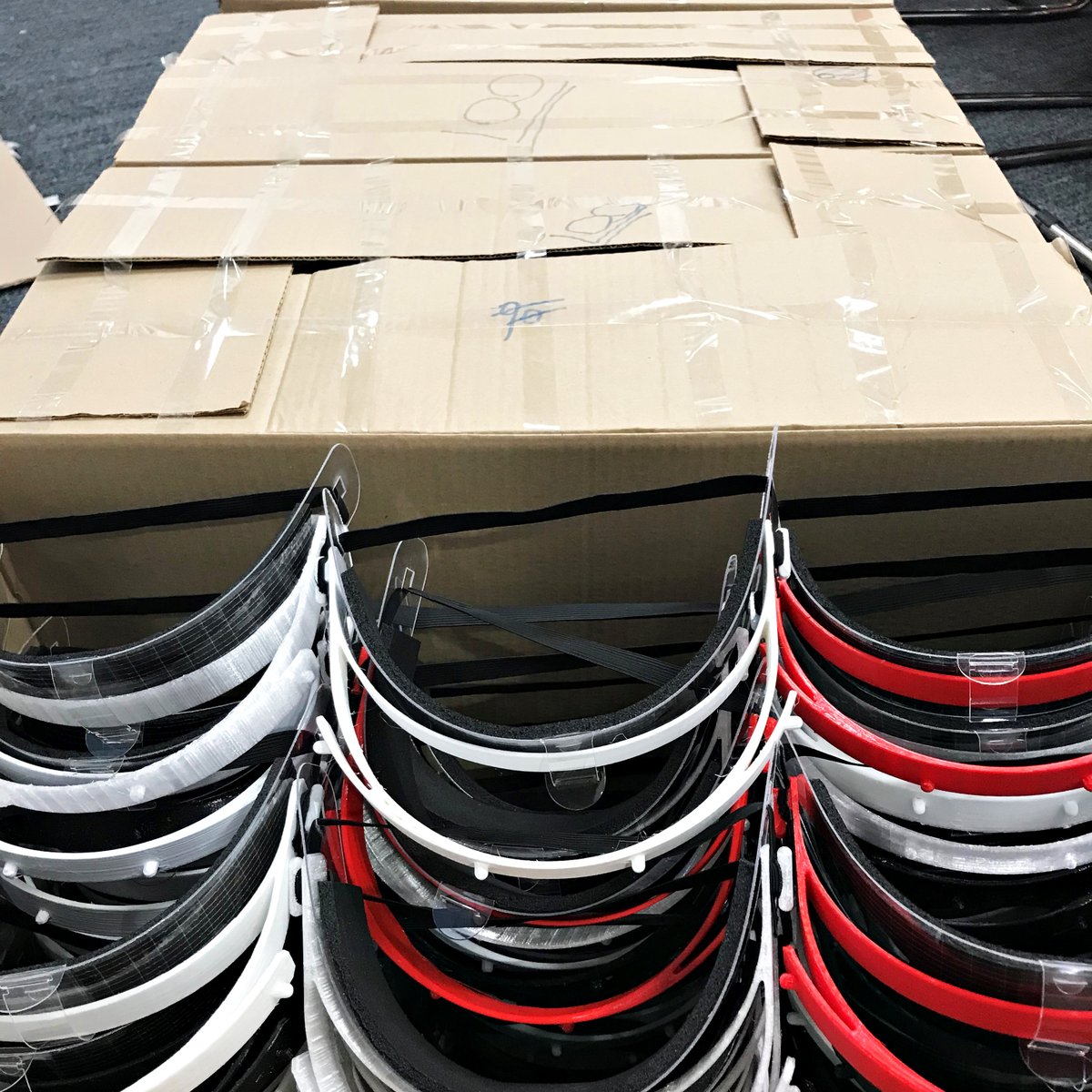 Another 500 headbands being shipped from <a href="/SalfordUni/">University of Salford</a> to @SalfordRoyalNHS ready for assembly, great stuff! The PETG visor sections are now being cut in bulk by an outside supplier, and yet more headband parts are being produced by <a href="/PrintCityMMU/">PrintCity: 3D, Innovate, Educate, Collaborate</a> and <a href="/officialUoM/">The University of Manchester</a> #ppe #nhs #visor