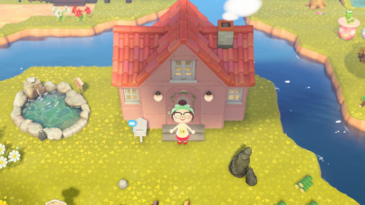 CaitlinCherryh's tweet photo. My starting tent to my shiny customised house in acnh (plus bonus Timbra wearing the sweater I made)

#AnimalCrossing #ACNH https://t.co/p88Pp6bYaF